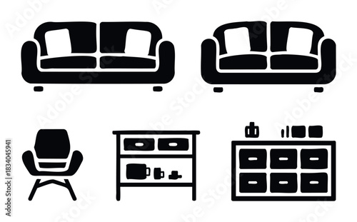Collection of modern furniture icons including sofas, armchair, and storage cabinets perfect for interior design and home decor concept applications