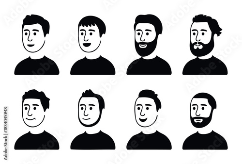 Collection of diverse male faces with various hairstyles and beards in a simple black and white graphic style, perfect for profile pictures, avatars, or website icons representing different