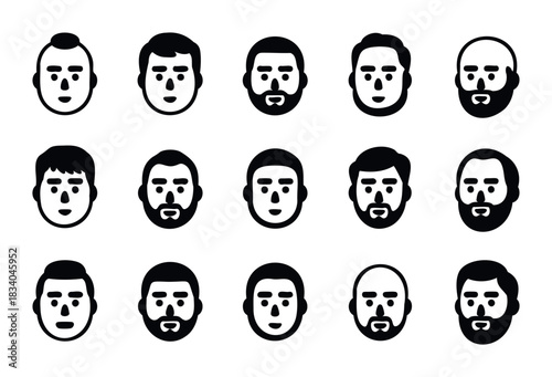 Collection of diverse male avatar icons representing various hairstyles and facial hair styles for profile pictures or user identification purposes.