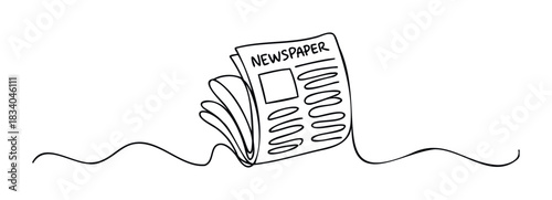 Simple black line drawing of a newspaper with text and image area resting on wavy lines, suitable for news or information related media and communication themes.