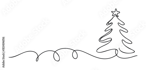 Single line drawing of a festive Christmas tree with a star on top and swirling garland, perfect for holiday cards and seasonal decorations.