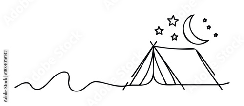 Simple line drawing of a tent under a starry crescent moon in the night sky, perfect for adventure and outdoor themes.