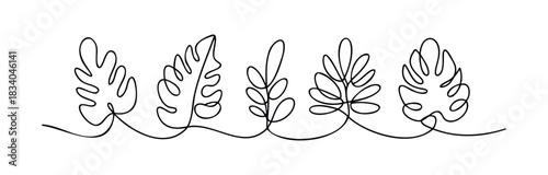 A continuous line drawing featuring a variety of tropical leaves in a horizontal arrangement, perfect for natural decor and botanical themes.