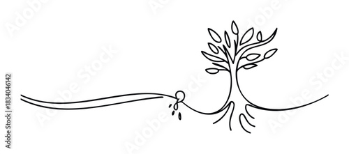 Simple line drawing of a tree being watered from a hose, symbolizing growth, nurturing, and life support for diverse applications like environmental themes and nature topics.
