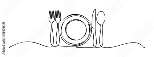 Minimalist single line drawing of a plate with fork, knife and spoon, representing a meal setting and dining experience, perfect for culinary websites and restaurant promotions.