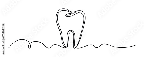Single continuous line drawing of a healthy human tooth with roots and wavy lines representing oral health, perfect for dental care promotion and medical concepts.