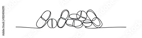 Continuous line drawing of pills and capsules symbolizing medication and health, suitable for healthcare promotions and medical content.