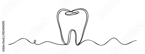 Single line drawing of a tooth with wavy lines beneath, perfect for dental health promotion, oral hygiene, and medical concepts.