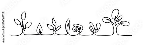 Single line drawing of sprouts and leaves symbolizing growth and nature, perfect for organic branding, ecofriendly concepts and spring themes.