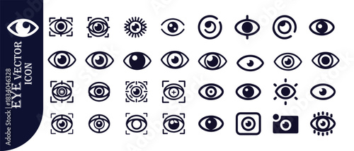 Diverse collection of eye icons, featuring various styles including camera and target focus symbols