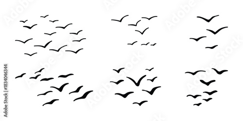 Birds in Flight Silhouette Nature Vector Art. Flying Bird Formation Silhouette Minimalist Vector