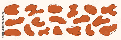 Brown Organic Soft Blob Amoeba Shape with Line Kit. Different Round Form Set. Abstract Organic Soft Blob Figure Bundle. Hand Drawn Vector Illustration