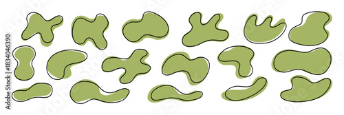 Green Organic Soft Blob Amoeba Shape with Line Kit. Different Round Form Set. Abstract Organic Soft Blob Figure Bundle. Hand Drawn Vector Illustration