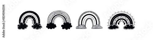 Set of four black and white hand drawn rainbows with clouds, stars, and playful graphic elements for whimsical and cheerful compositions, ideal for childrens decor or festive invitations.