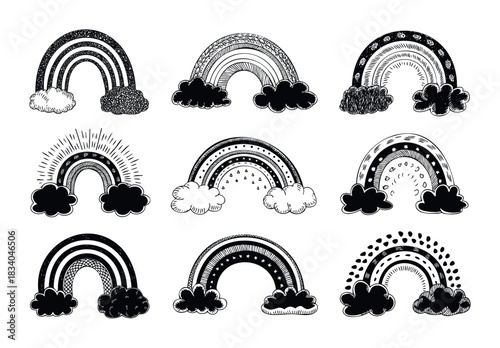 Hand drawn black and white rainbows with clouds and textured details perfect for graphic design projects and cheerful embellishments
