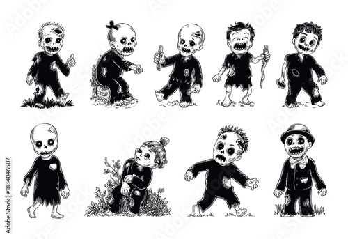 Collection of eight spooky little zombie children in various poses, ideal for Halloween and horror themes, perfect for graphic design and storytelling projects.
