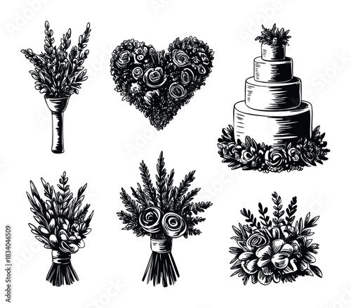 Hand Drawn Sketch Wedding Elements Including Bouquets Cake and Heart Shaped Floral Arrangement for Romantic Celebration Designs and Invitations