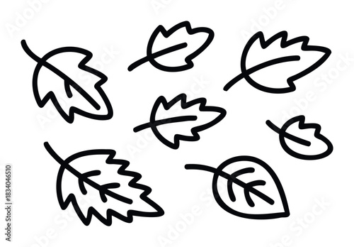 Hand drawn simple leaves in black outline on a white background for autumn or nature themes