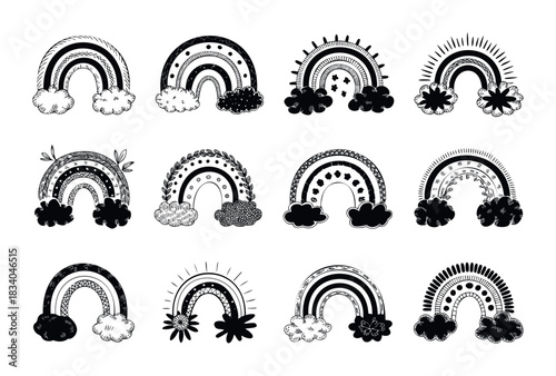 Collection of twelve black and white hand drawn rainbow graphics with clouds and floral accents for use in graphic design and print projects