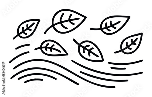 Stylized black ink leaves falling and blown by wind suggesting autumn change and nature themes suitable for seasonal promotions and organic branding