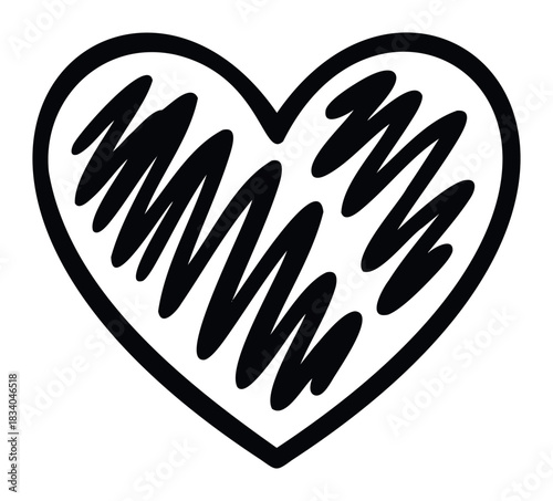 Monochrome heart shape outlined with a bold border and filled with rough scribble lines symbolizing love passion romance or a relationship perfect for Valentines Day greetings or social media emotion 