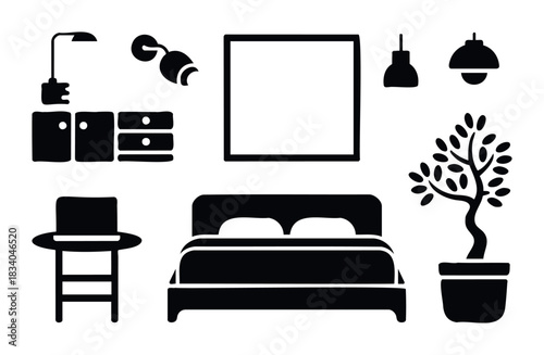 Collection of modern furniture and home decor icons including a bed, chair, tables, lamps, and potted plant for interior space staging concepts.