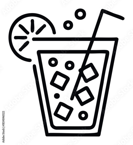 Simple outline icon of a cold beverage with ice cubes, lemon slice, and straw, perfect for summer refreshment or beverage branding.