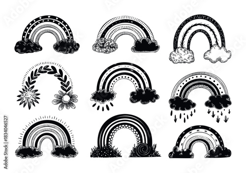 Hand drawn collection of whimsical black and white rainbows with clouds, flowers and stars, perfect for nursery decor, greeting cards and fabric prints