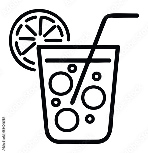 Refreshing cool drink with lemon slice and bubbles served in a glass with a straw for summer refreshment and beverage concepts