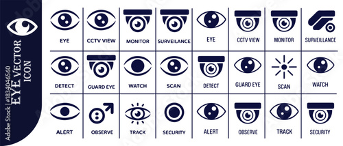 Eye vector icon set for monitor, surveillance, cctv view, detect, guard, watch, scan, alert, observe
