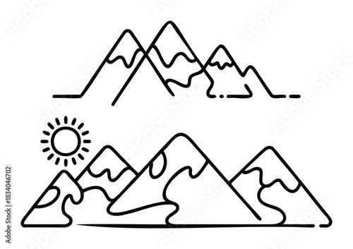 Line art stylized mountains with a sun graphic represent nature and adventure, suitable for outdoor brands and travel themes.
