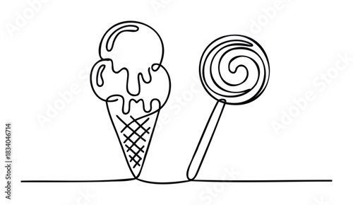 Continuous line drawing of ice cream cone and lollipop, perfect for sweet treats branding, cafe menus, and summer promotions.