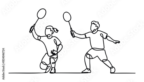 Monochrome continuous line drawing depicting a man and a woman playing an energetic game of badminton with rackets raised perfect for sports competition event posters or athletic club advertisements