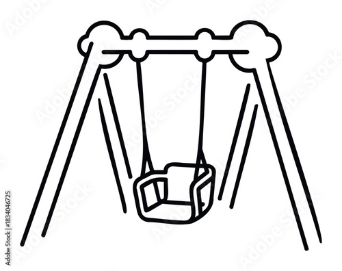 Simple line drawing of a childrens swing set for playgrounds and outdoor recreation concepts, perfect for website graphics and print materials.