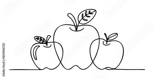 Simple line drawing of three apples with leaves, symbolizing health and organic produce, perfect for food branding and healthy lifestyle promotions.