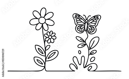 Delicate line drawings of a blooming flower and a perched butterfly on a connecting stem for springtime themes and organic designs available for graphic use.