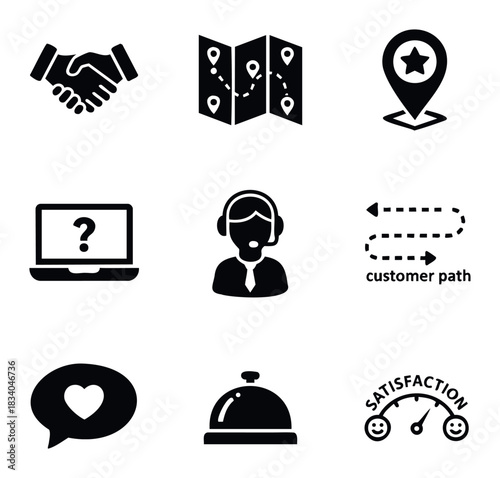 Set of nine flat icons representing business concepts like handshake, customer service, satisfaction, and navigation for use in presentations and web applications