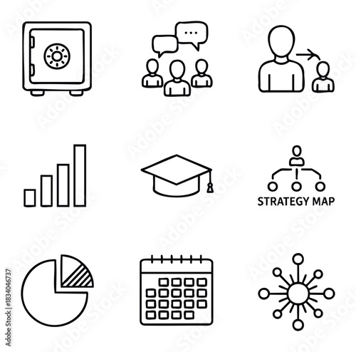 Collection of nine business and education icons including a safe, team communication, mentoring, growth chart, graduation cap, strategy map, pie chart, calendar, and network hub for