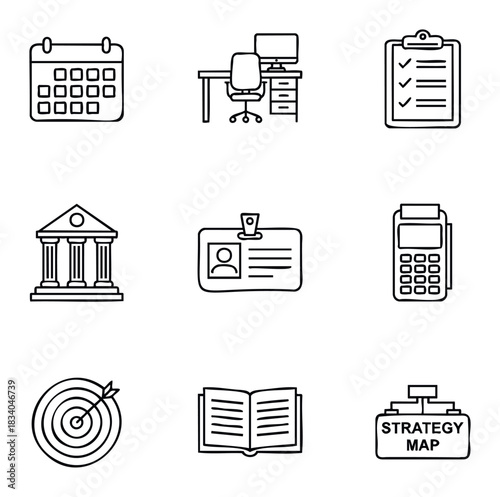 Collection of business and planning icons including calendar, desk, checklist, bank, badge, calculator, target, book, and strategy map for corporate use.