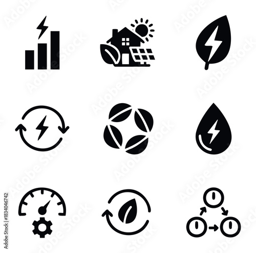 Collection of environmental and power icons including solar energy power generation a water drop and a speed gauge for representing green sustainable earth friendly and energy saving ideas