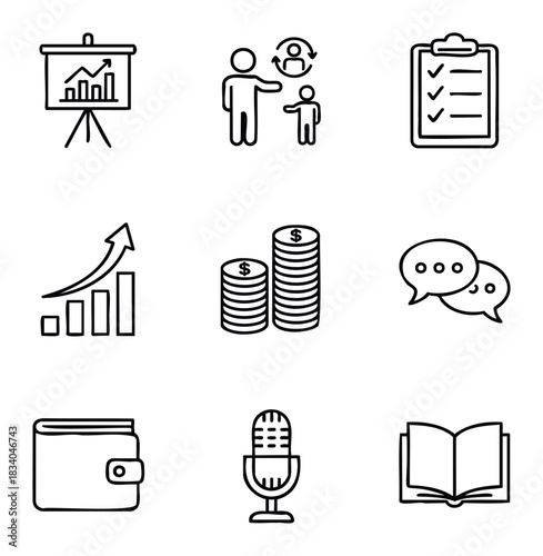 A collection of nine outline icons representing business growth analysis, education, finance, communication, and personal development for use in presentations and digital media.