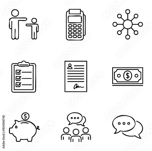 Collection of business and finance icons including a payment terminal, piggy bank, money, and communication symbols for concept presentation.