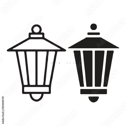 The image displays two identical street lamps side-by-side against a white background. The lamp on the left is rendered as a black outline, showcasing its detailed structure. The lamp on the right 