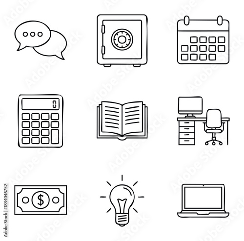 Collection of Business and Finance Icons Including Calculator, Safe, Calendar, Money, Book, Laptop, Desk, and Light Bulb for Presentations and Concepts