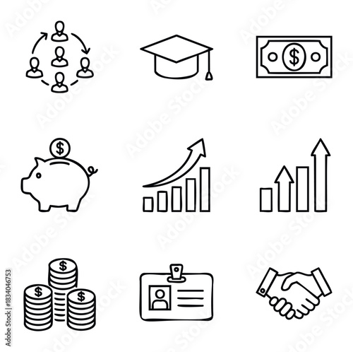 Collection of financial and business icons including money, savings, graduation, teamwork, identity, and growth charts representing investment, education, collaboration, and career progress