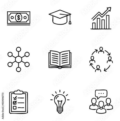 A collection of nine diverse icons representing business, finance, education, and teamwork for use in corporate presentations, marketing materials, and web content.