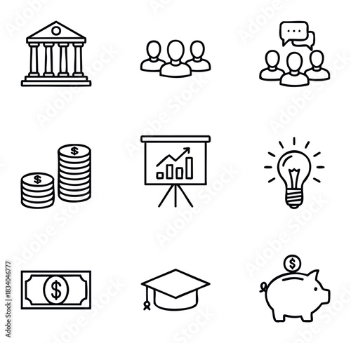 Collection of business and finance icons including a bank, people, coins, presentation, light bulb, money, graduation cap, and piggy bank for use in financial concepts and presentations