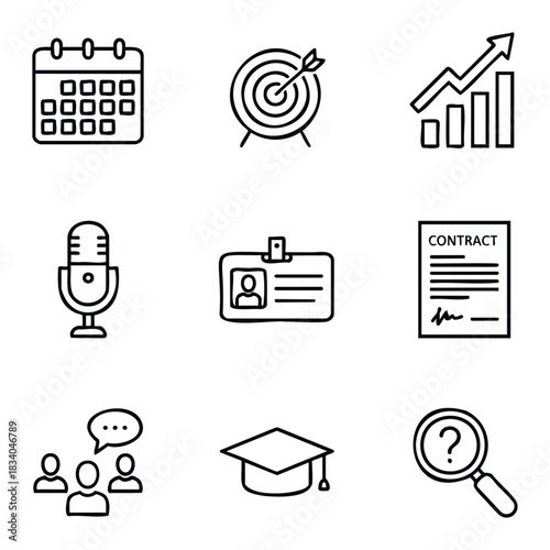 Set of linear icons for business and education showing calendar target chart microphone ID badge contract team graduation cap and magnifying glass for corporate projects and user interfaces