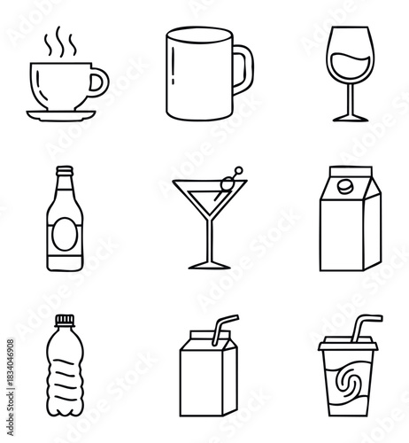 Collection of simple line icons representing various beverages like coffee, wine, milk, juice, and water bottles for use in menus or informational graphics.