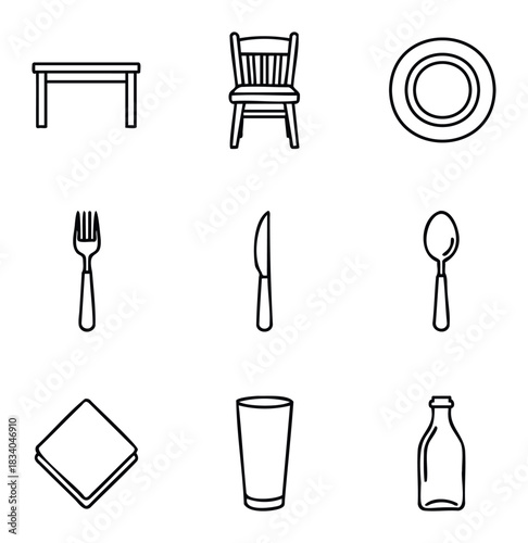 Set of simple outline icons representing dining and kitchen objects including table, chair, plate, fork, knife, spoon, napkin, glass, and bottle for food service and hospitality themes.